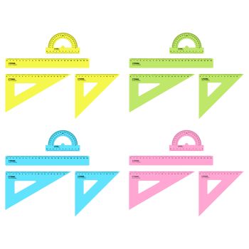 Набор чертежный СТАММ, размер L (линейка 25см, 2 треугольника, транспортир), прозрачный, неоновые цвета, ассорти, европодвес