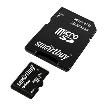 Карта памяти SmartBuy MicroSDXC 64GB UHS-1, Class 10, скорость чтения 95Мб/сек, для видеонаблюдения (с адаптером SD)